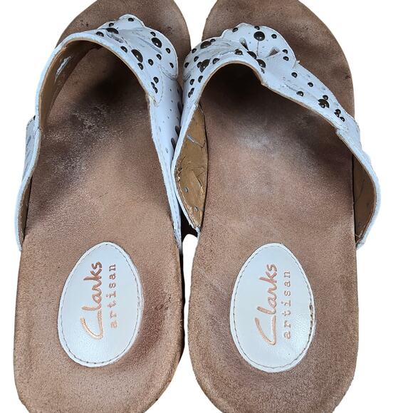 Clarks Artisan Sandals Palima Palm Laser Cut Thong Cork Wedge White Womens Sz 8 - Picture 9 of 11